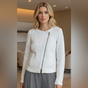 Ann Taylor Loft Double Weave Cotton Jacquered Moto Jacket in Ivory Size Small